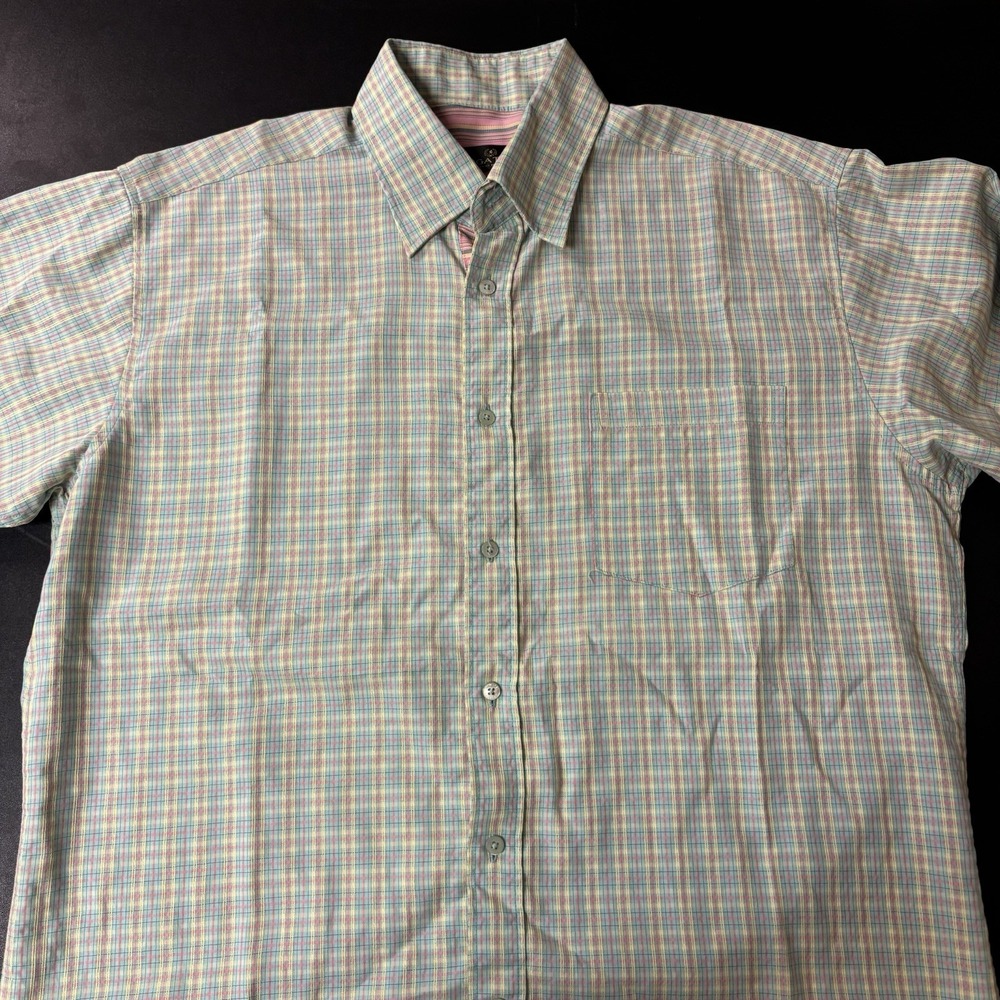 Bugatchi Uomo Shirt‎ Mens Plaid Short Sleeve Button Up Casual Green Pink Yellow